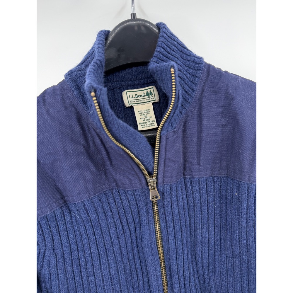 LL Bean Mens Commando Sweater Navy Blue Merino Lambswool Full Zip Cardigan M-REG